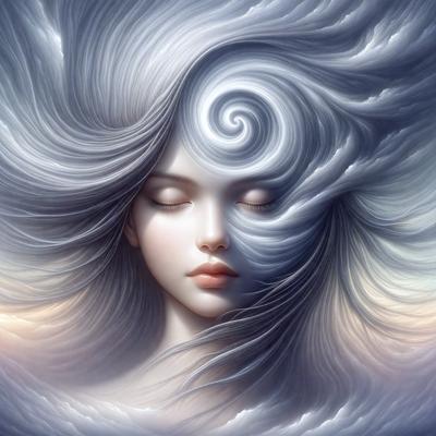 The primary subject of the image is a woman with long blonde hair. She is depicted with a swirl of hair, giving her a unique and artistic appearance. The setting is a cloudy sky, which adds to the overall atmosphere of the image. The visual style is a combination of digital art and illustration, creating a captivating and visually appealing scene. The colors in the image are predominantly white, which gives the image a clean and serene feel.